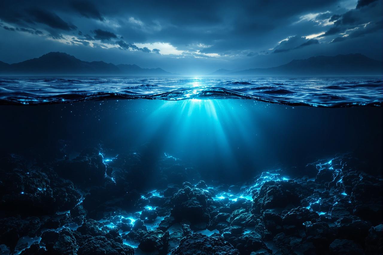青柠影视深海主题主视觉，暗蓝色海浪与光影交织